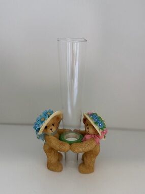 Cherished Teddies Tan Bears Floral Hat Bud Vase with Blue and Pink Accents
